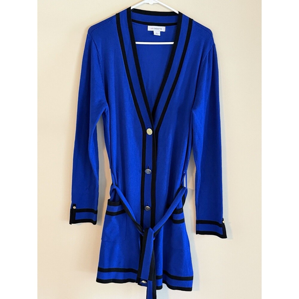 Liz Claiborne Cardigan M Cobalt Blue Black Trim Belted Gold Button Longline